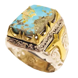 انگشتر نقره مردانه مدل چنگ برنجی فیروزه نیشابوری