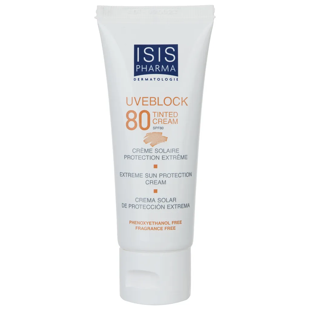 کرم ضد آفتاب رنگی آیسیس فارما SPF80 مدل UVEBlock 80  ‌مناسب پوست‌های چرب حجم 40 میلی‌لیتر