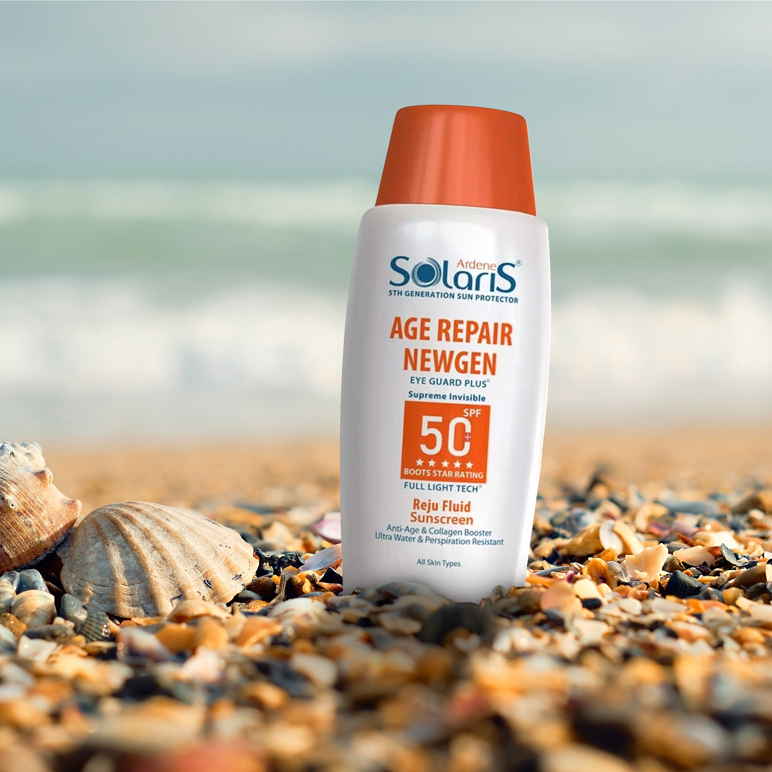 لوسیون ضد آفتاب بیرنگ آردن سولاریس، SPF 50، مدل Age Repair Newgen، مناسب انواع پوست با حجم 100 میلی لیتر، ضد آب و محافظتکننده در برابر اشعههای PA++++ ،UVA ،UVB، ضد پیری، دارای فرمولاسیون کلاژن، با ماندگاری ۲ ساعته