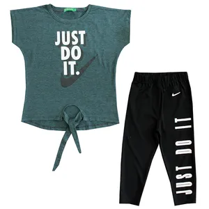 ست تی شرت و شلوارک دخترانه مدل JUST DO IT رنگ سبز تیره