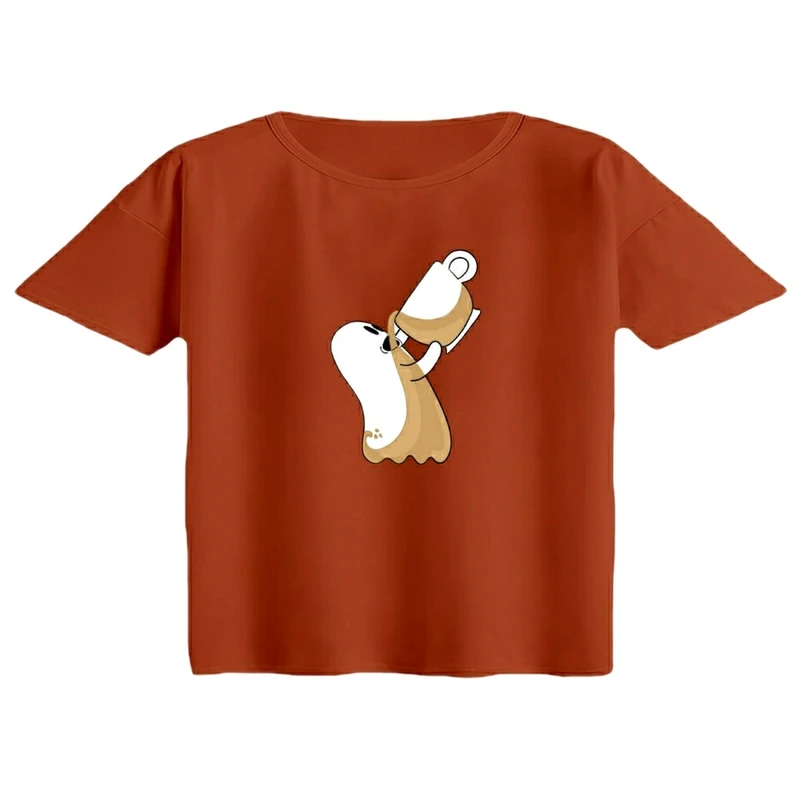 کراپ تی‌شرت آستین کوتاه زنانه مدل روح قهوه خور رنگ آجری تیره