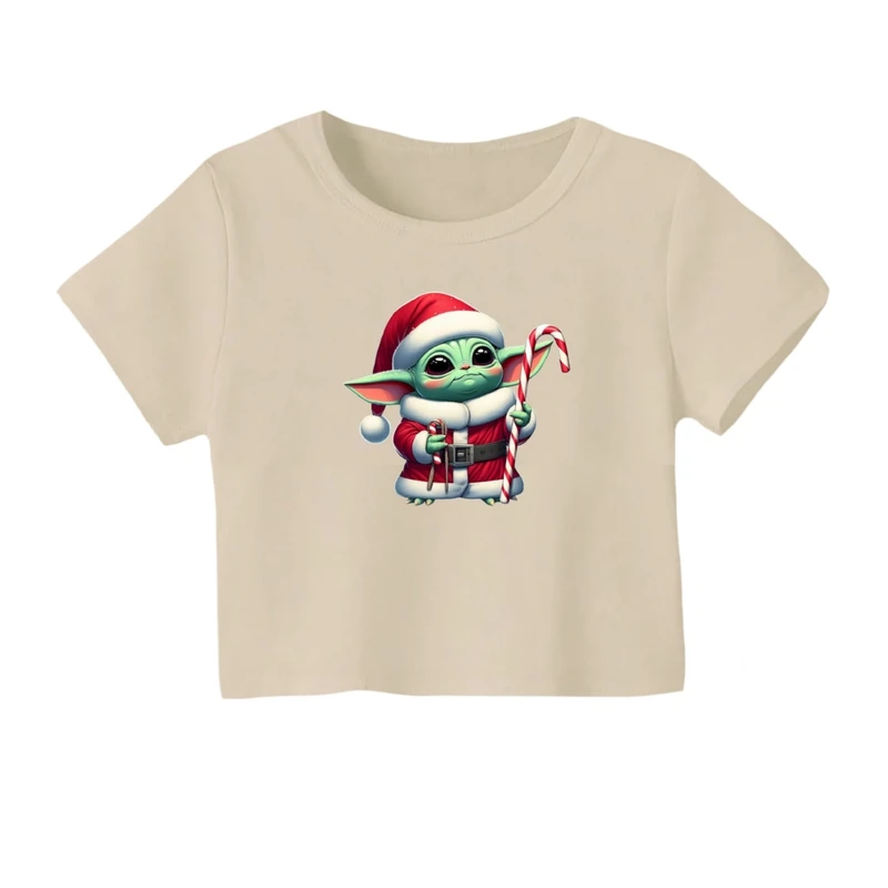 کراپ‌ تی‌شرت آستین کوتاه زنانه مدل بیبی یودا کریسمس کد 1