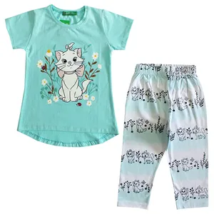 ست تی شرت و شلوارک دخترانه مدل گربه رنگ سبز آبی