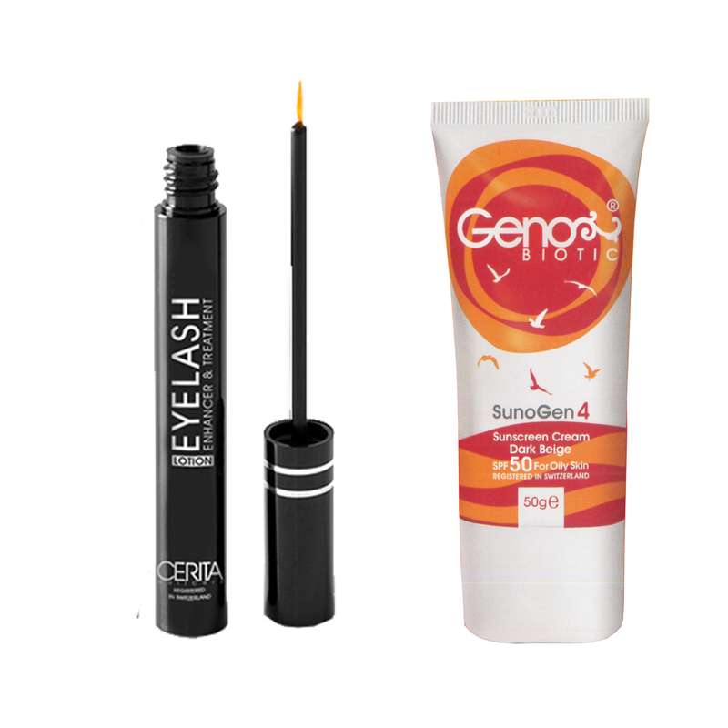 کرم ضد آفتاب رنگی بژ تیره ژنوبایوتیک Spf50 به همراه محلول تقویت مژه سریتا مدل Sun4