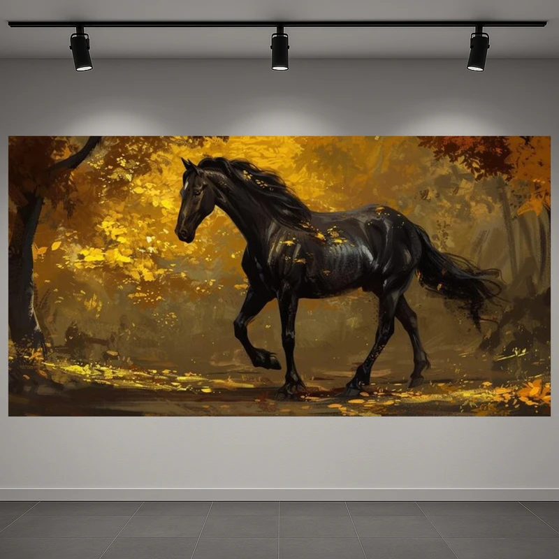 پوستر پارچه ای طرح مخمل نقاشی اسب مدل جنگل پاییزی کد PD1311373