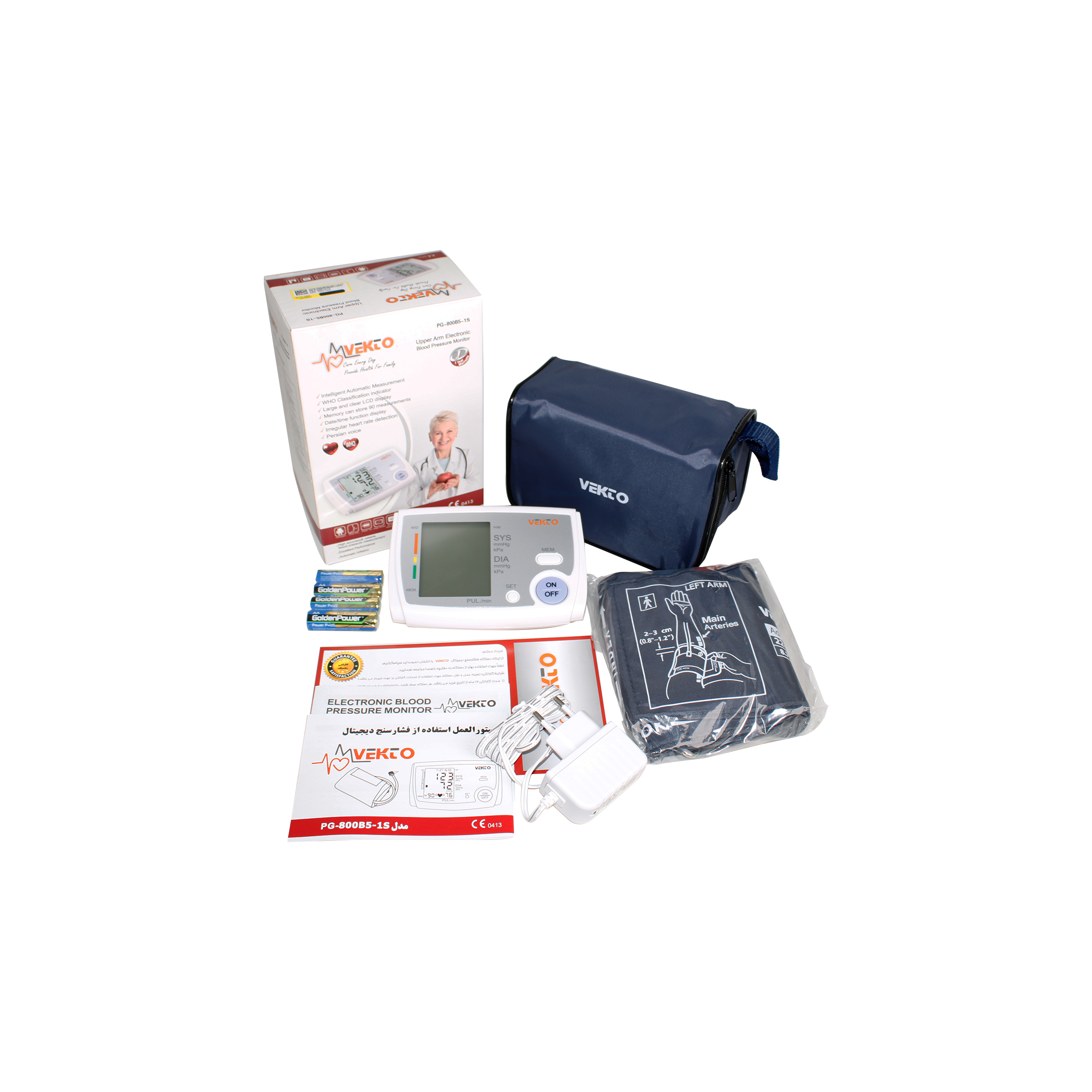 فشارسنج دیجیتال بازویی وکتو مدل PG-800B5-1S با تکنولوژی نوسان‌سنجی، مناسب بازو 22 تا 32 سانتی‌متر، منبع تغذیه برق و باتری، هشدار باتری ضعیف و اشتباه بستن بازوبند، همراه با آداپتور و کیف