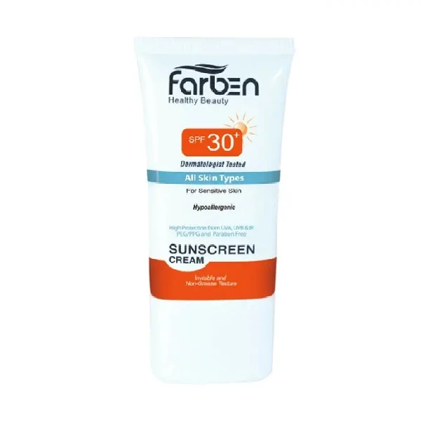 کرم ضد آفتاب بدون رنگ فاربن SPF 30 مدل Hypoallergenic ‌مناسب انواع پوست حجم 50 میلی‌لیتر