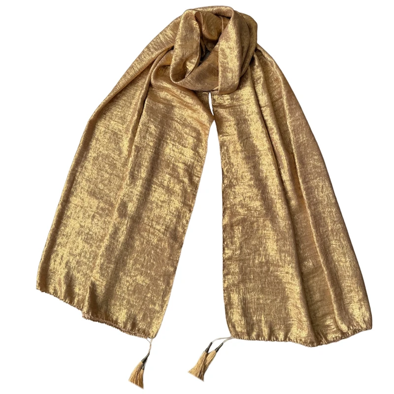 شال زنانه مدل مجلسی ساده سان کوپرا پتینه زر بافت منگوله دار