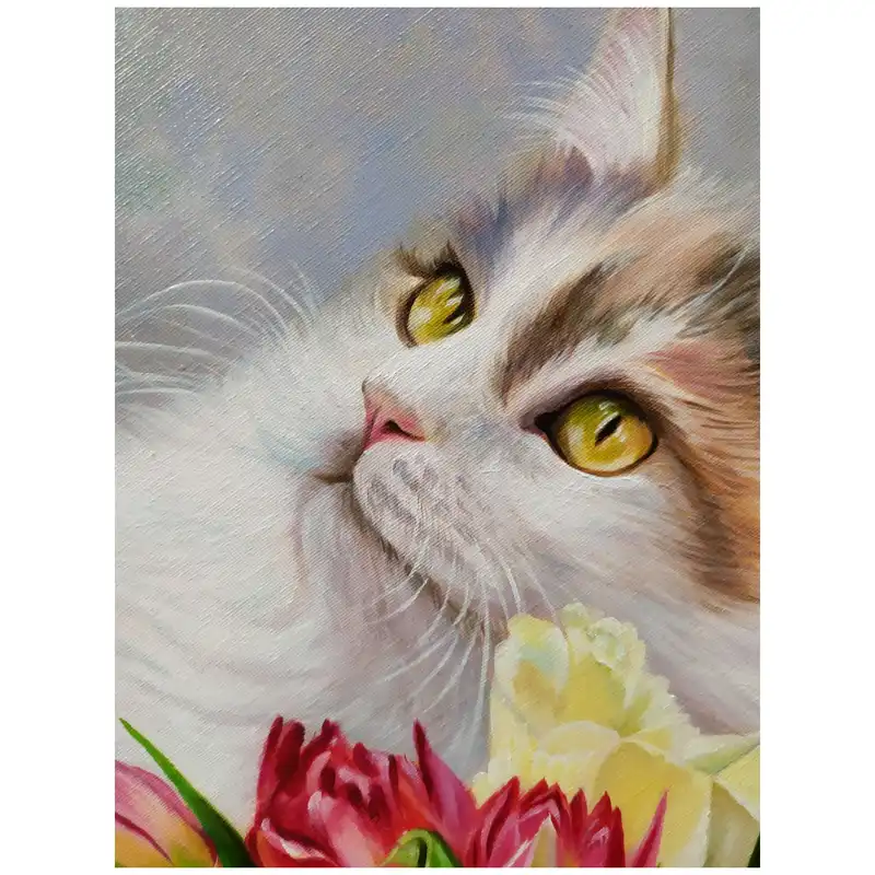 تابلو نقاشی رنگ روغن طرح گربه و گل