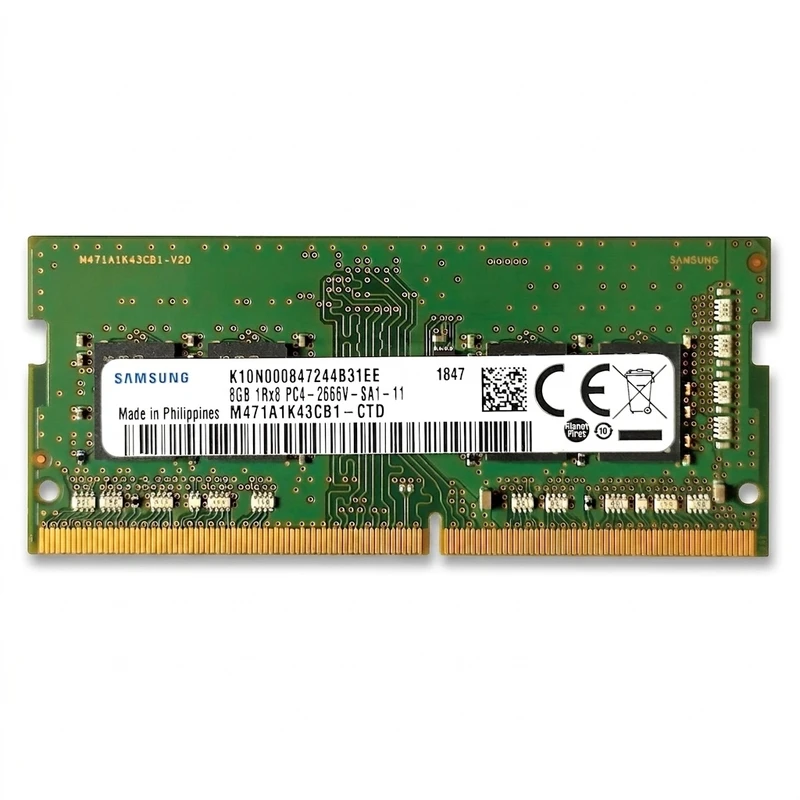 رم لپ‌تاپ 8 گیگابایت سامسونگ مدل PC4-2666 از نوع DDR4، تک‌کاناله با فرکانس 2666 مگاهرتز، تایمینگ CL19 و فرم‌فکتور SO-DIMM 260 پین