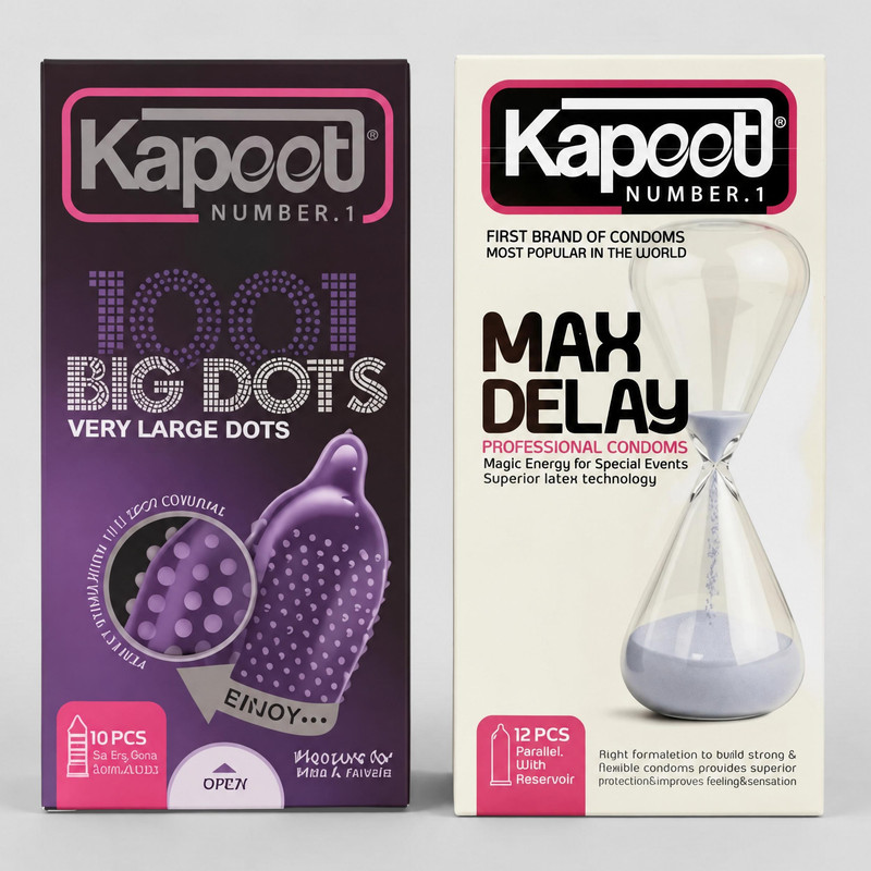 کاندوم خاردار کاپوت مدل BIG DOT بسته 10 عددی به همراه کاندوم تاخیری کاپوت مدل MAX DELAY بسته 12 عددی