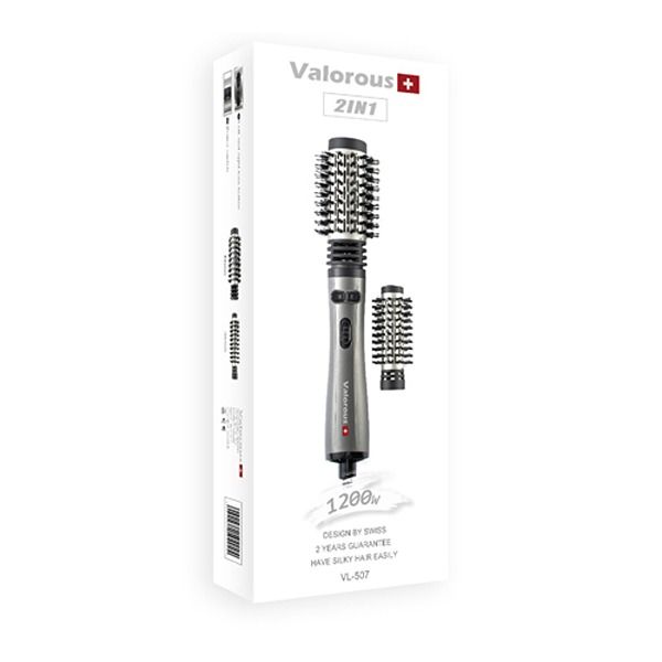 سشوار برس‌دار چرخشی حرفه‌ای والوروس مدل VL-507، موتور AC با توان مصرفی 1200 وات، دارای قابلیت تعویض سری، طراحی ارگونومیک، دارای سری قابل تعویض، با حالت صاف‌کننده، حجم‌دهنده و فرکننده، تنظیم حرارت 2 حالته و کنترل سرعت 2 حالته، به همراه 2 سری برس‌دار -  - 4