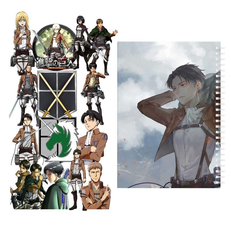 دفتر مشق باژیکان طرح انیمه اتک آن تایتان Attack On Titan کد 20211457 به همراه استیکر لپ تاپ مجموعه 14 عددی