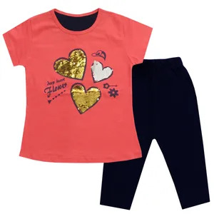 ست تی شرت و شلوارک دخترانه مدل قلب پولکی رنگ گلبهی