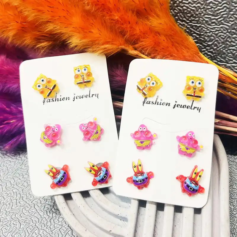 گوشواره زنانه مدل باب اسفنجی و دوستان مجموعه 3 عددی