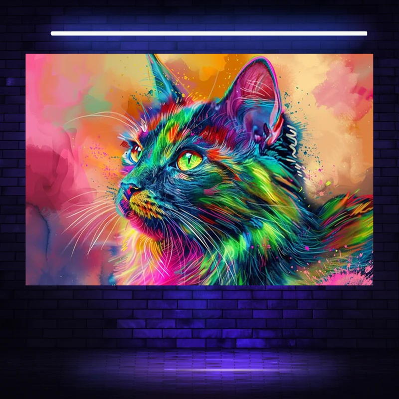 پوستر پارچه ای مدل بک دراپ بلک لایت طرح گربه رنگین کمانی کد AR304554