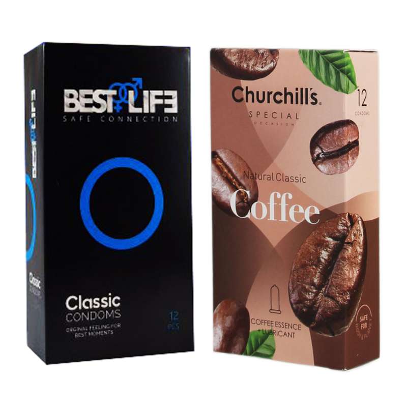 کاندوم چرچیلز مدل Coffee بسته 12 عددی به همراه کاندوم بست لایف مدل Classic بسته 12 عددی