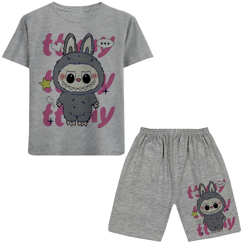 ست تی شرت آستین کوتاه و شلوارک راحتی دخترانه  مدل LABUBU A75