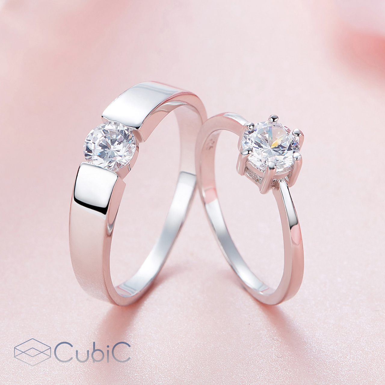 ست انگشتر نقره زنانه و مردانه کوبیک مدل QR-2109-6-10