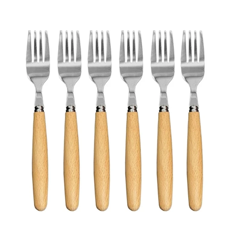 چنگال میوه خوری مدل دسته چوبی مجموعه ۶ عددی