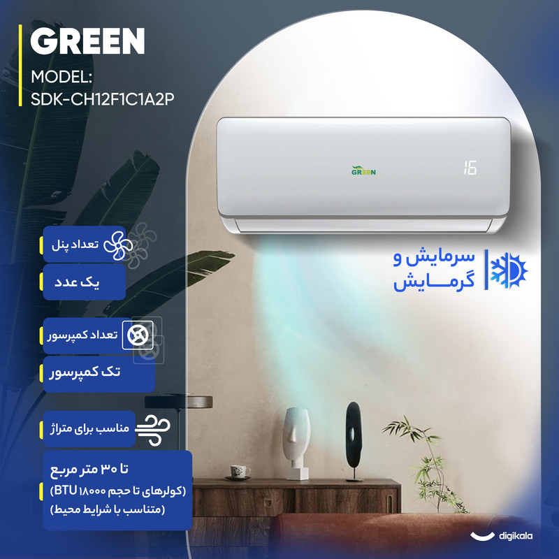 کولر گازی اسپلیت دیواری 12000 اینورتر گرین مدل SDK-CH12F1C1A2P