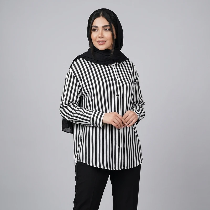 مانتو زنانه راه‌راه نخ کتان دکمه‌دار یقه برگردان آستین بلند مدل 8436
