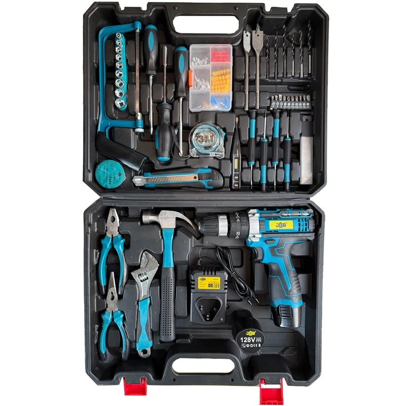دریل پیچ گوشتی چکشی شارژی سه نظام 10 میلیمتر 128 ولت جاب مدل JB-128 POWER FULL KIT مجموعه 202 عددی
