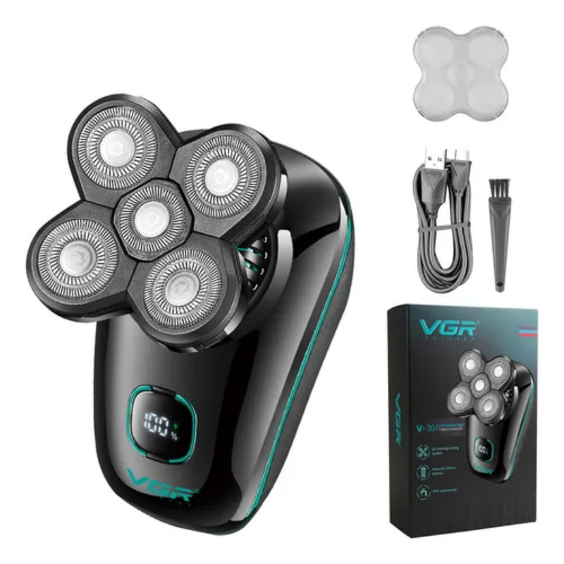 ماشین اصلاح موی سر و صورت شارژی وی جی ار مدل V-304 با سیستم برش شناور 5 بعدی، تیغه استیل ضد زنگ، باتری لیتیومی 600 میلی‌آمپر ساعت، شارژ سریع USB، نمایشگر LED میزان شارژ، ضد آب IPX6، قابل استفاده خشک و مرطوب