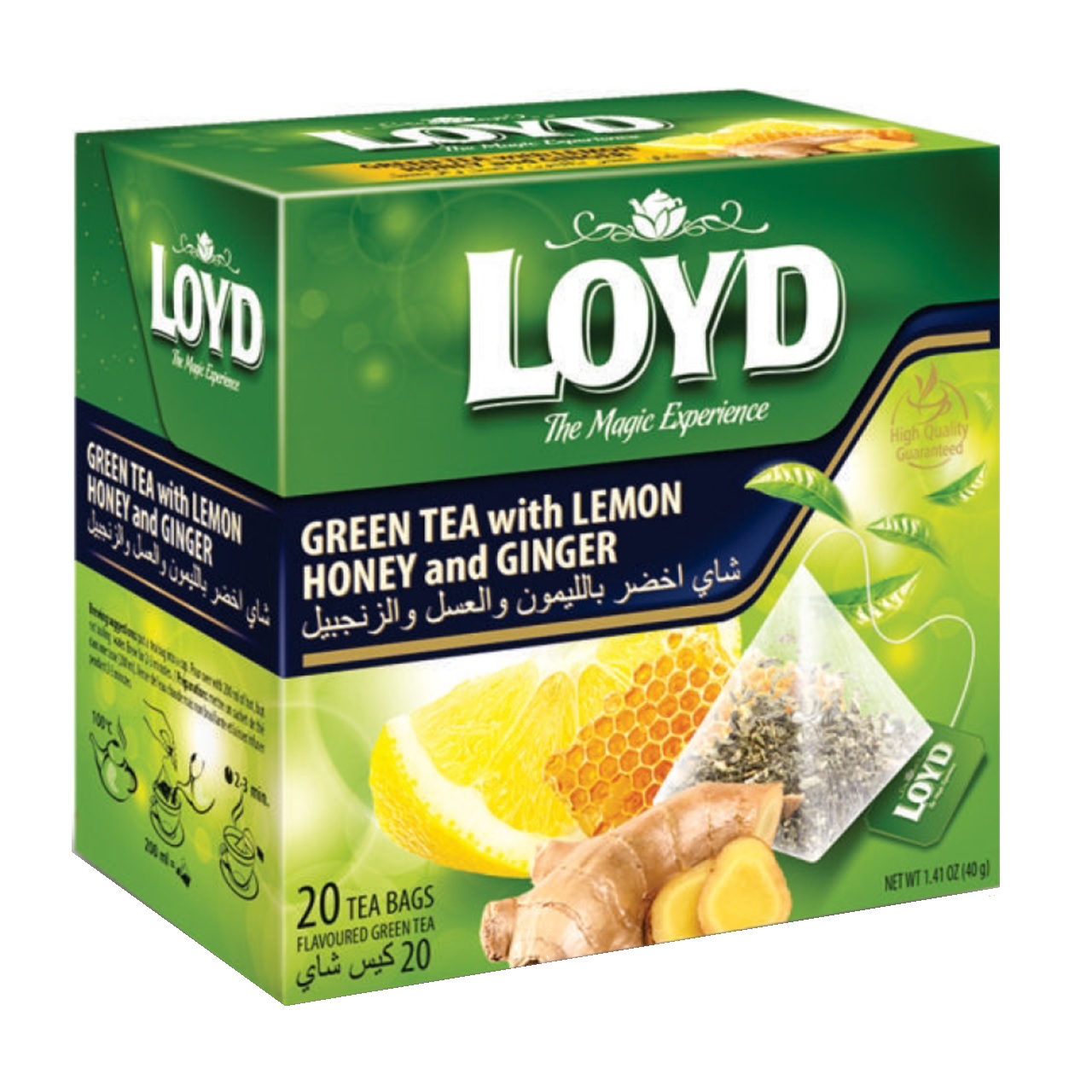 چای سبز لوید مدل لیمو عسل و زنجبیل مقدار 40 گرمی