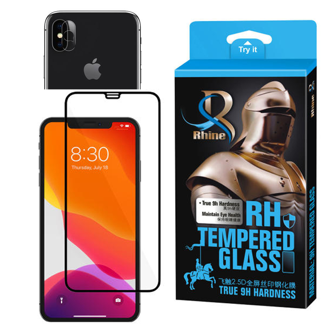 محافظ صفحه نمایش 9D راین مدل R_9L مناسب برای گوشی موبایل اپل Iphone XS به همراه محافظ لنز دوربین