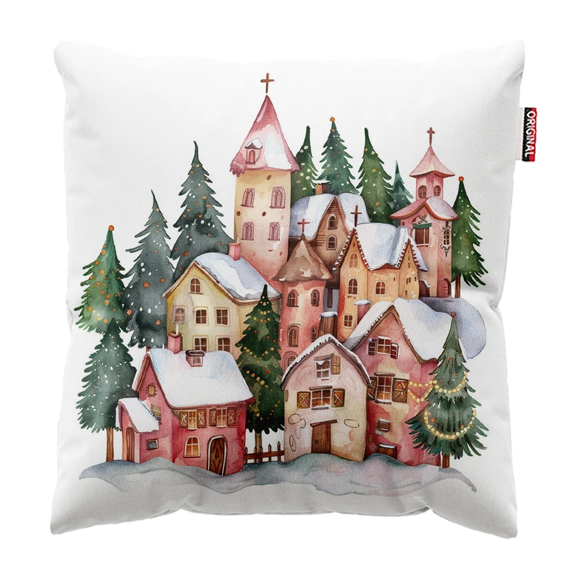 کوسن پاد آفرین مدل زمستان طرح دهکده برفی کد PK402592 سایز 40*40 سانتی متر 