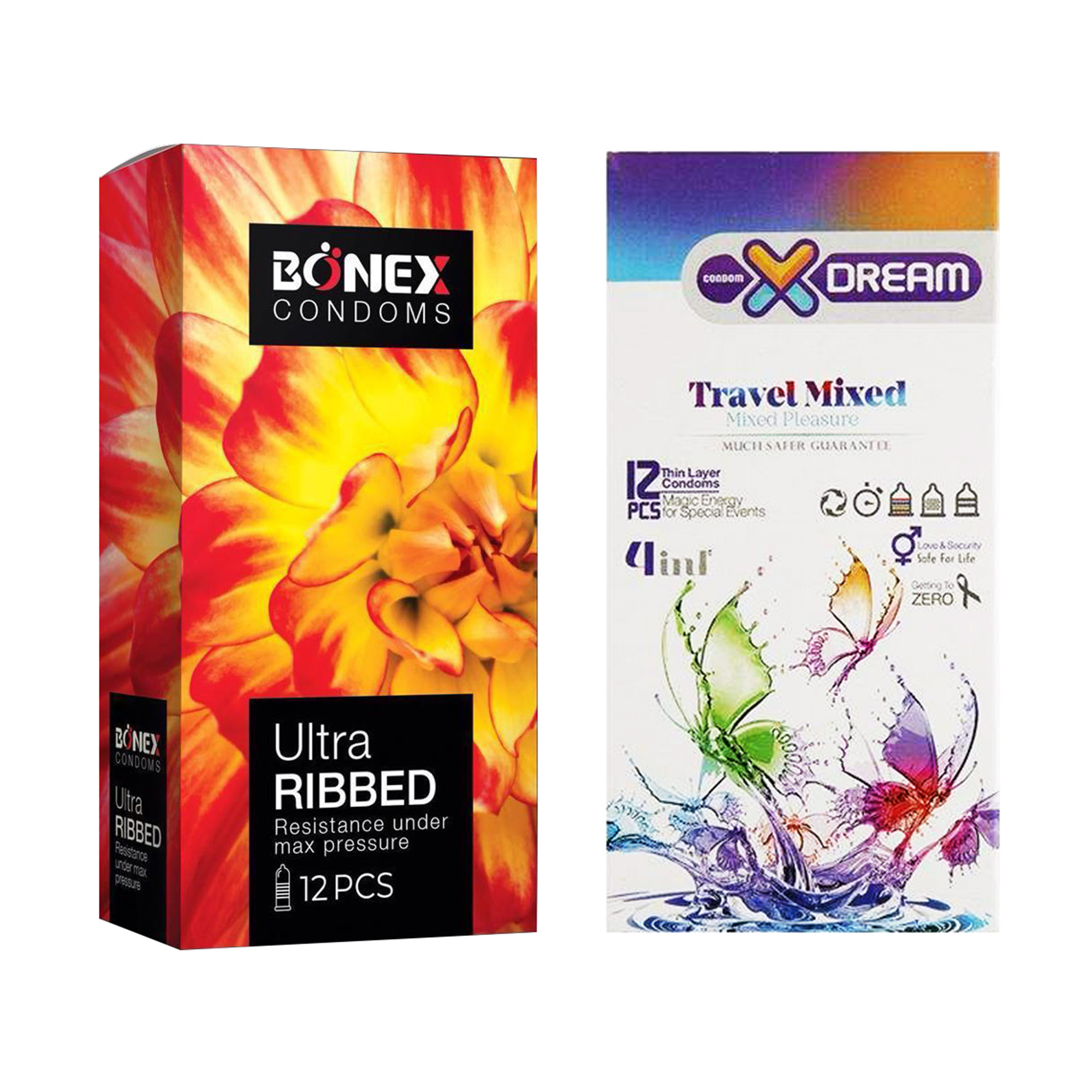 کاندوم بونکس مدل Ultra Ribbed بسته 12 عددی به همراه کاندوم ایکس دریم مدل Travel Mixed بسته 12 عددی