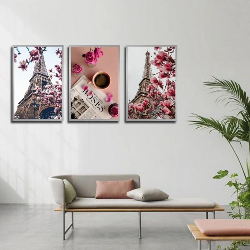 تابلو بکلیت طرح منظره برج ایفل مدل SI-3910 فریم نقره ای مجموعه 3 عددی