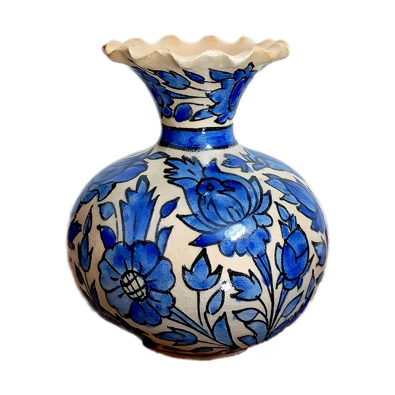 گلدان سفالی شیپوری طرح گل و مرغ کد 004