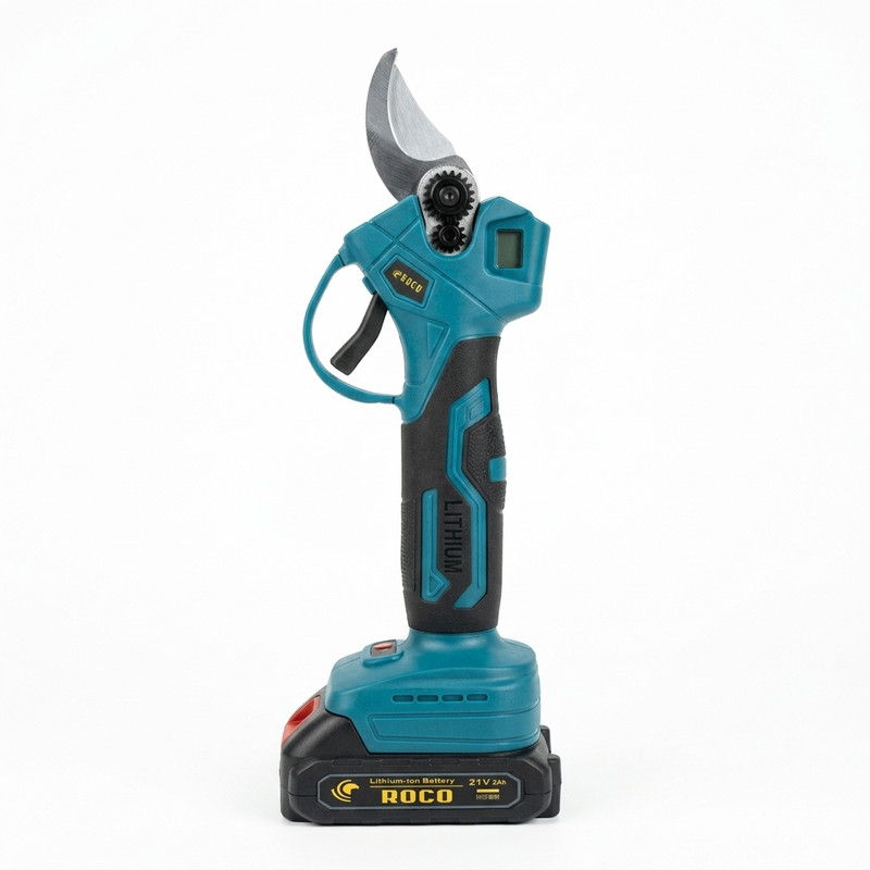 قیچی باغبانی شارژی روکو مدل Brushless 25mm با تیغه SK5، نمایشگر LED، قفل و 2 باتری 21 ولت 2 آمپر ساعت همراه با شارژر