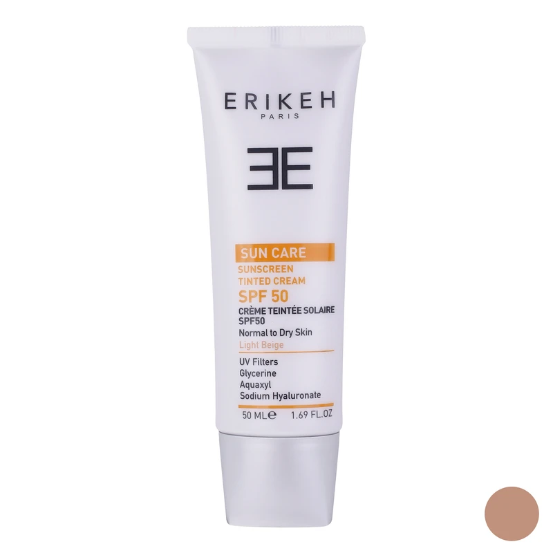 کرم ضد آفتاب رنگی اریکه، SPF 50، مدل LB، ‌مناسب همه انواع پوست با تنالیته روشن و حجم 50 میلی‌لیتر، محافظت‌کننده در برابر اشعه‌های UVA و UVB، دارای فرمولاسیون گلیسیرین، با ماندگاری 2 ساعته