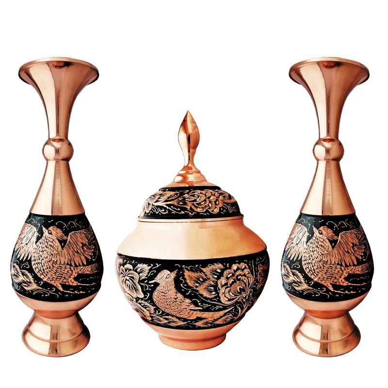  ست 3 تکه گلدان و شکلات خوری مسی مدل الماس تراش کد CB25