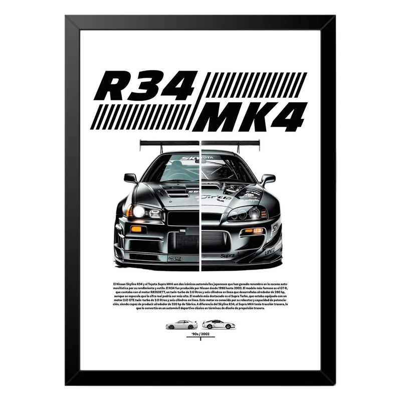 تابلو بکلیت طرح ماشین و خودرو تویوتا TOYOTA SUPRA MK4 و نیسان Nissan GT-R R34 مدل b-po1564 فریم مشکی