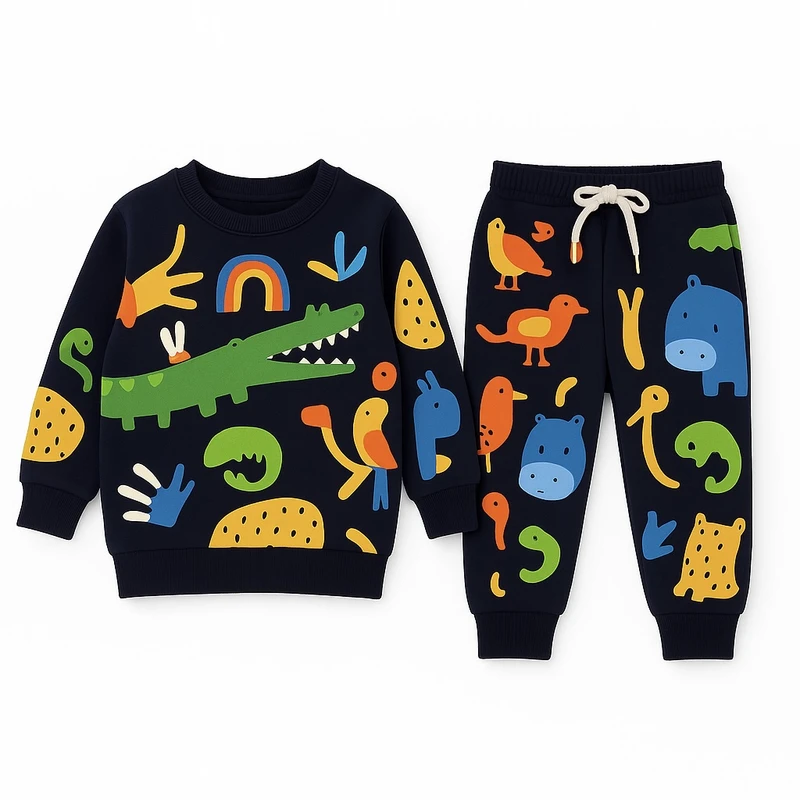 ست سویشرت آستین بلند و شلوار راحتی پسرانه مدل حیوانات جنگل