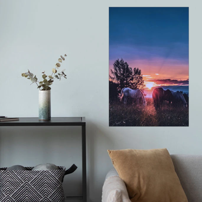 پوستر گوفی مدل اسب های وحشی و غروب آفتاب طرح طبیعت و گردشگری Nature Wild Horse 4K کد SUN59