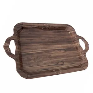 سینی دسته دار مدل نگین گلدار طرح چوبی کد 0413  سایز 22*33 سانتی متر