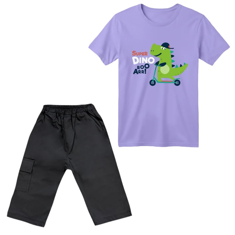 ست تی‌شرت آستین کوتاه و شلوارک پسرانه مدل دایناسور کد ۱۰