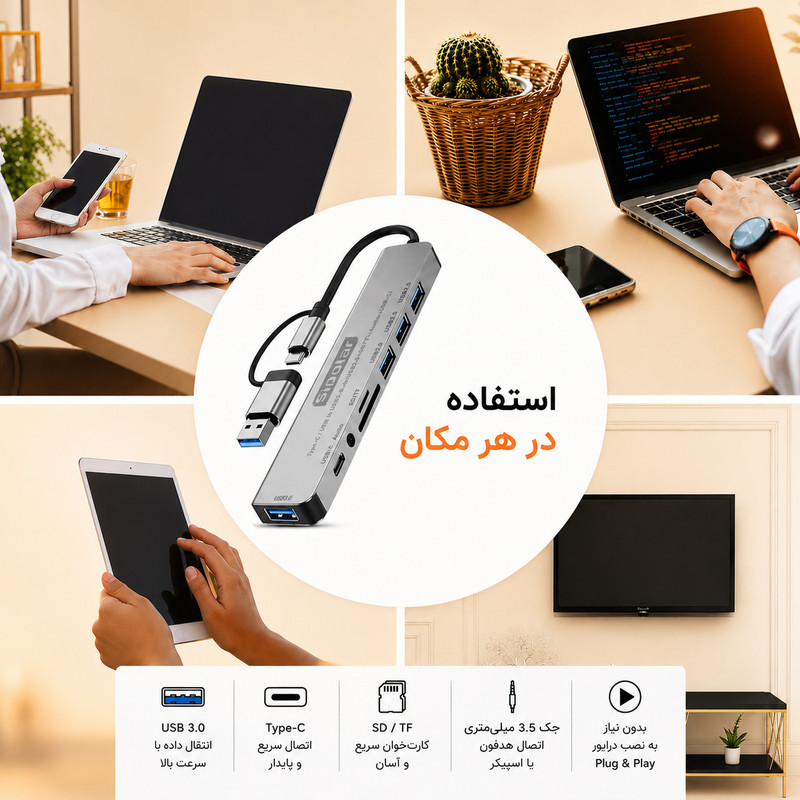 هاب 8 پورت USB/USB-C سیپولار مدل USB/Type-C to Audio