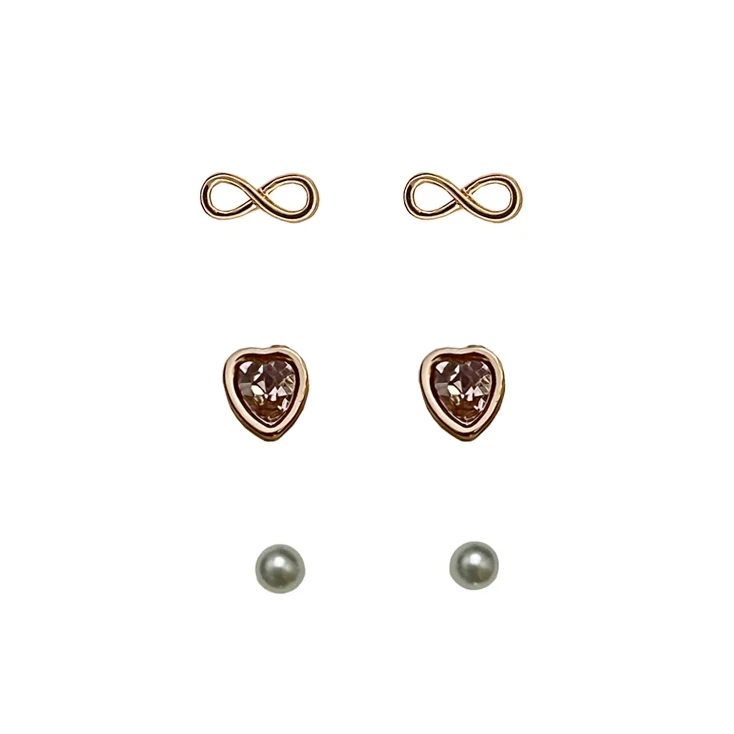 گوشواره زنانه آی ام مدل بینهایت و مروارید و قلب مجموعه 3 عددی