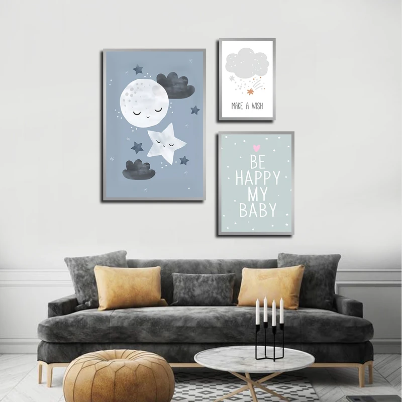 تابلو بکلیت طرح نقاشی ماه و ستاره و کودکانه مدل SI-3745 فریم نقره ای مجموعه 3 عددی