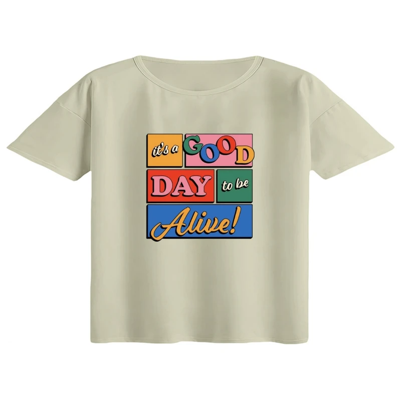 کراپ تی‌شرت آستین کوتاه زنانه مدل نوشته رنگی رنگ کرم