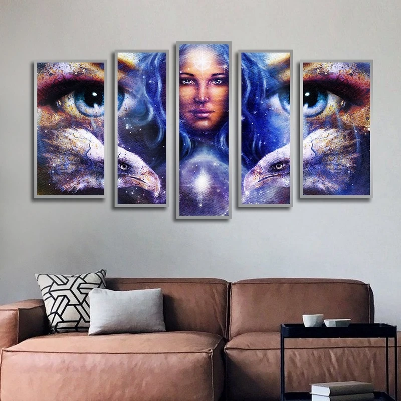 تابلو ساده بکلیت طرح چهره و چشم آبی و عقاب مدل شاین اکلیلی SI-2570 فریم نقره ای مجموعه 5 عددی