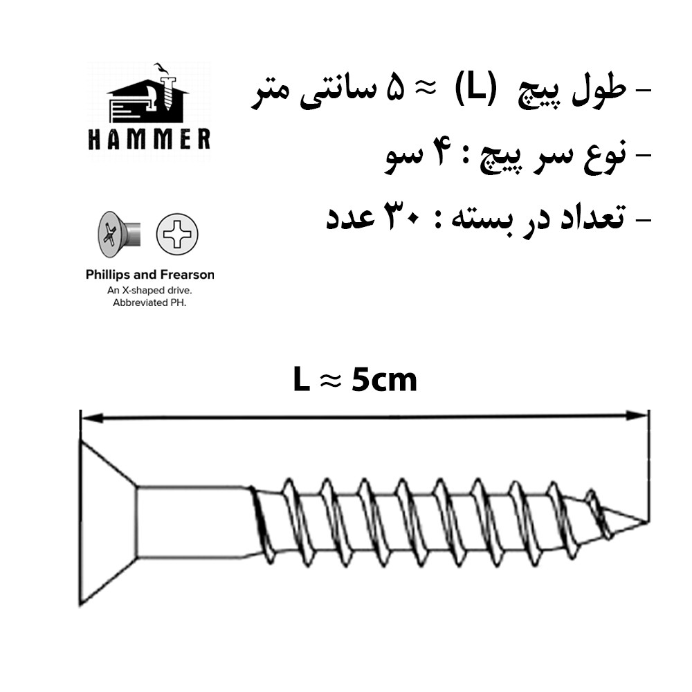 پیچ چوب هامر مدل چهارسو کد 4so-5cm مجموعه 30 عددی