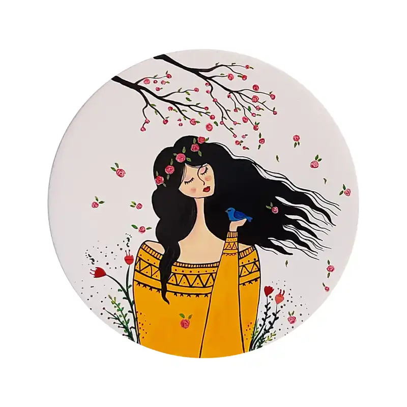 بشقاب دیوارکوب سفالی طرح دختر و پرنده کد D192