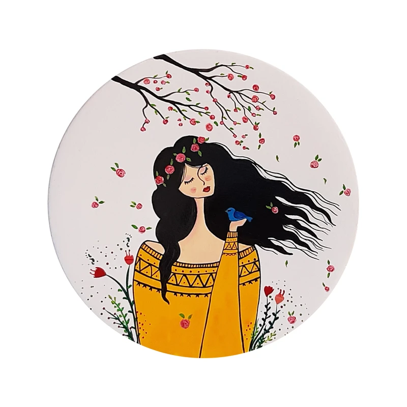 بشقاب دیوارکوب سفالی طرح دختر و پرنده کد 192